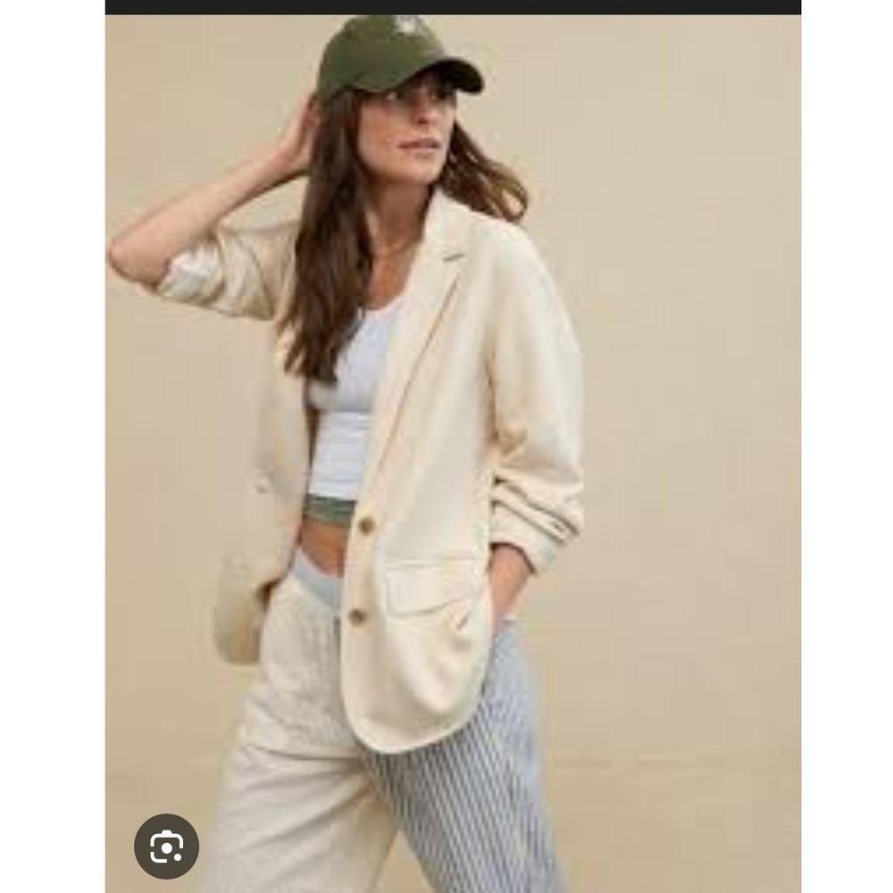 Aerie Fleece Blazer Cream Sweatshirt Jacket XS Notched Lapel Two Button Casual
